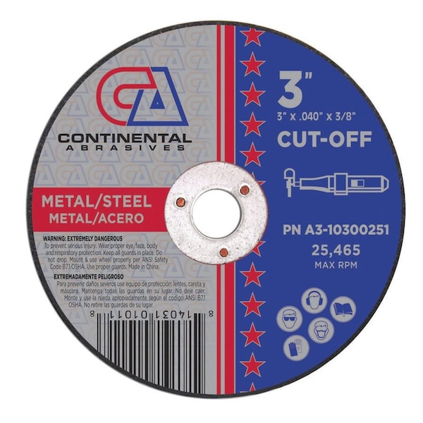 Continental Abrasives 3" x .040" x 3/8" Signature T1 Premium Thin Cut-Off Wheel A3-10300251 - main